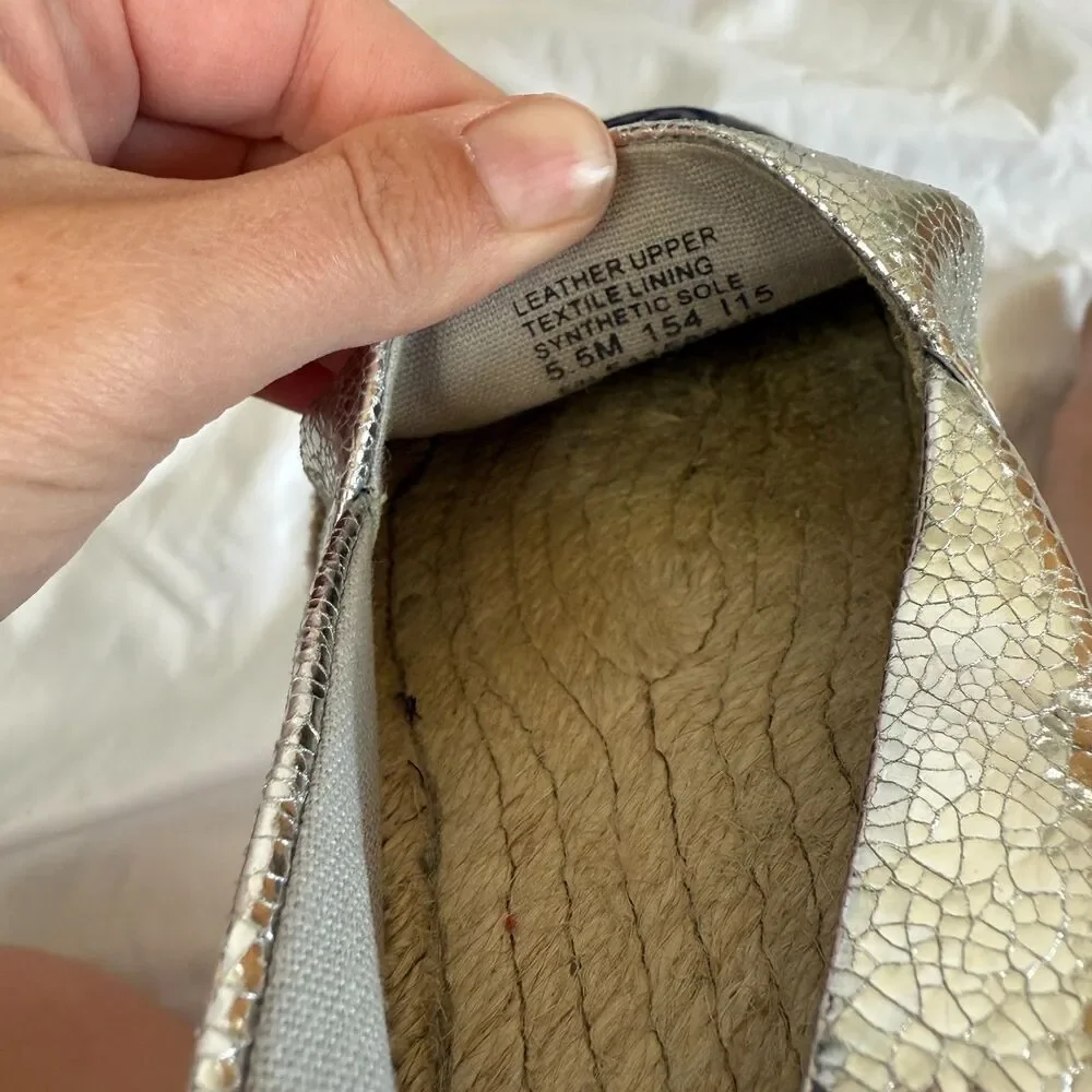 Tory Burch Espadrilles Silver Metallic Black Leather Cap Toe Flats Size 5.5